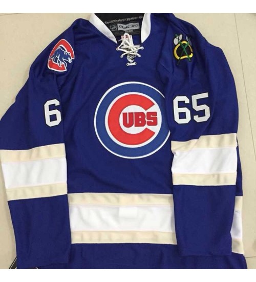 Custom Andrew Shaw 65 Chicago Cubs Blackhawks Blue Hockey Jersey